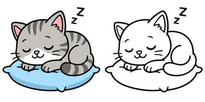 Coloring Book For Kids Cartoon Of A sleepy kitten curled up on a pillow Outline Illustration Design vector