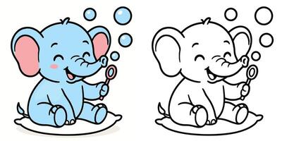 Coloring Book For Kids Cartoon Of A baby elephant playing with bubbles Outline Illustration Design vector