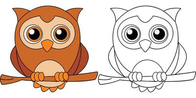 Coloring book owl sitting on a branch with big round eyes on white background illustration vector