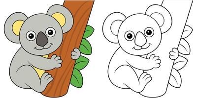 Coloring book cartoon koala hugging a tree trunk printable with outline illustration vector