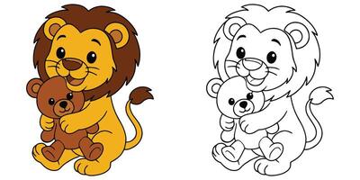 Coloring Page For Kids Cartoon Of A lion cub hugging a teddy bear Outline Illustration vector