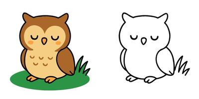 Coloring Book For Kids Sleepy owl resting on grass with closed eyes Outline Illustration vector
