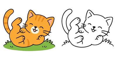 Coloring Book For Kids Cartoon Of Playful kitten rolling on green grass Outline Illustration vector