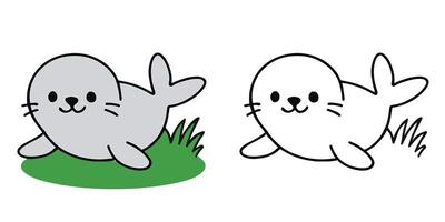 Coloring Book For Kids Round seal pup flopping on a patch of grass Outline Illustration vector