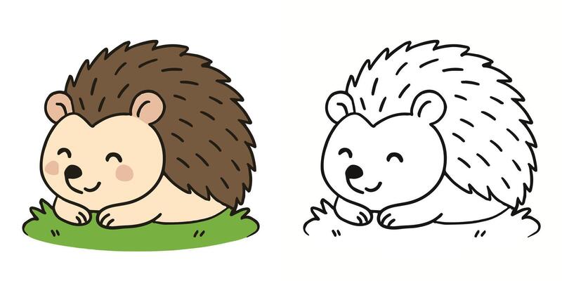 Coloring Book For Kids Cartoon Of Hedgehog curled up on a small patch of grass Outline