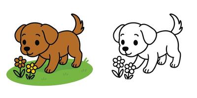 Coloring Book For Kids Cartoon Tiny pup exploring field Outline Design vector