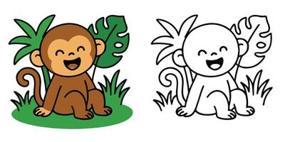 Coloring Book For Kids Joyful monkey sitting in a grassy jungle Outline Illustration vector