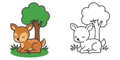 Coloring Book For Kids Shy fawn resting under a tree on grass Outline Illustration vector