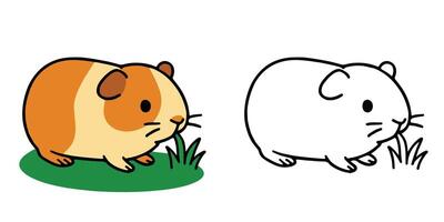 Coloring Book For Kids Tiny guinea pig munching on grass Outline Illustration vector