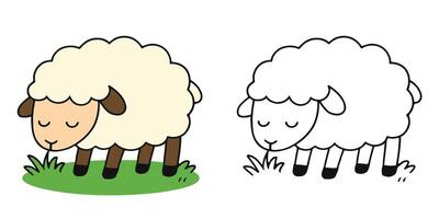 Coloring Book For Kids Fluffy sheep grazing in a grassy field Outline Illustration vector