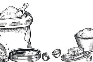 Cooking, baking, flour packaging, sieve, chicken egg, butter, bowl of dough. All objects are hand-drawn with ink. illustration is suitable for printing in bakeries, stores, on food packaging vector