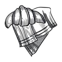 Fresh croissant on a cloth napkin, homemade cakes. All objects are hand-drawn in . The illustration is suitable for printing on the menus of pastry shops and bakeries, on food packaging vector