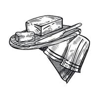 Butter on a wooden board with a table knife and a tea towel with a striped pattern. All objects are hand-drawn in . Suitable for printing on food packaging, store shelf design, farm shops vector