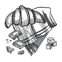 French Breakfast, croissant, chocolate slices on a cloth napkin, lump sugar. All objects are hand-drawn in . The illustration is suitable for printing in bakeries, menus, printing stores vector