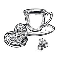 A cup of coffee with a sweet bun and lump sugar. Breakfast with coffee. All objects are hand-drawn in . The illustration is suitable for printing in cafes and pastry shops, on food packaging vector