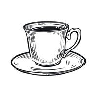 A cup of coffee with a saucer, a tea cup. All objects are hand-drawn with ink. illustration is suitable for printing on fabric, paper, for caffeine and confectionery designs, kitchen design vector