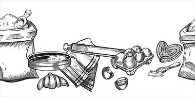 Seamless border on the theme of cooking. a bag of flour, a rolling pin, a sieve, chicken eggs, sweet buns, croissants. For the design of packaging, the interior of bakeries and confectioneries vector