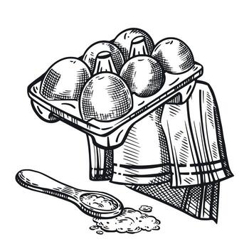 Chicken eggs in a cell, a kitchen towel, a tablecloth and a measuring spoon with salt. All objects are hand-drawn in . For printing on product packaging, for the design of the cooking process vector