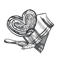 Sweet bun, cheesecake on a tablecloth and with a teaspoon. The process of baking. All objects are hand-drawn in . For printing on menus, in the interior of confectioneries, bakeries vector