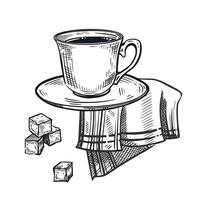 A cup with coffee or tea and a saucer, napkins and lump sugar. Composition. All objects are hand-drawn with ink. For printing on fabric, paper, for decorating coffee shops, confectionery shops, shops vector