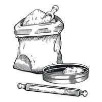 Baking, dough making process, flour bag, flour sifting sieve, rolling pin. All objects are hand-drawn with ink. The illustration is suitable for printing on food packaging, bakery design vector