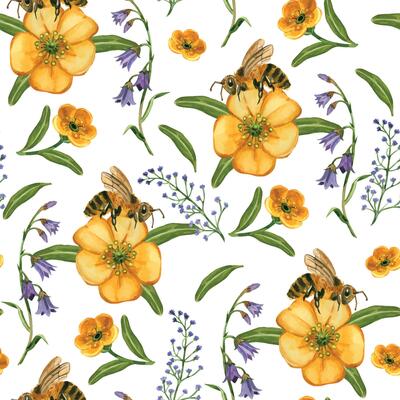 Seamless watercolor pattern. Meadow flowers and grasses, yellow buttercups, purple bluebells, bee, green leaves. All objects are hand-painted in watercolor. For printing on fabric, paper, bed linen