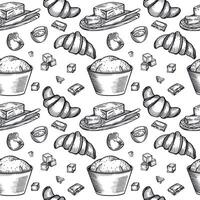 Seamless pattern on the theme of baking. A bowl of dough, croissants, chocolate slices, a chicken egg, butter in a butter dish. All objects are hand-drawn with ink. For printing on packaging, paper vector