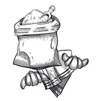 Culinary illustration. A bag of flour, fresh croissants, a tablecloth, the process of baking. All objects are hand-drawn in , for printing in bakeries, pastry shops, for food packaging vector