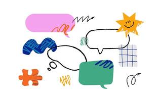 A vibrant collage with a variety of hand-drawn stylized graphic elements. Textured speech bubbles, doodle balloons, various abstract shapes. A metaphor for creativity, communication, and conversation. vector