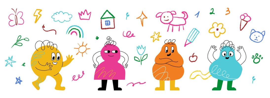 Happy bright childish characters surrounded by kindergarten pencil drawings. Smiling monsters in different poses and scribbling around.