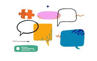 Various colorful speech bubbles in different shapes, an abstract puzzle piece, doodles, and a green text box with lines. A dynamic and communicative composition. vector