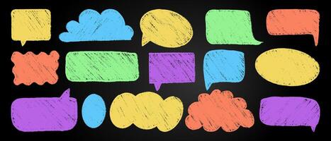 A collection of vivid hand-drawn chalk text boxes, speech bubbles, and balloons on a blackboard. Various children's-style design elements for notice and memo. vector