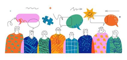 A multicolored abstract crowd of people with different speech bubbles and doodles above them. The concept of bond in society, individuality and diverse in the crowd in the style of a collage. vector