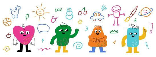 Various individual monsters on the background of children's doodles. Vivid elements of kindergarten design. vector