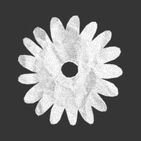 Minimalistic silhouette of a flower with crumpled paper texture on dark background. Simple sticker made from notebook page with jagged torn edges, dotted gritty texture, halftone element. vector