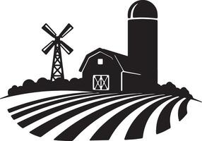 Serene Black and White Illustration of a Picturesque Farm Scene with Barn, Windmill, and Rolling Fields Under a Peaceful Sky vector