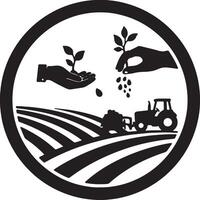 Serene Black and White Illustration of Hands Planting Seeds, Tractor Tilling Farmland, Peaceful Agricultural Scene vector