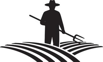 Silhouetted Farmer Working Serene Field, Pitchfork in Hand, Peaceful Rural Scene, Black and White Illustration vector