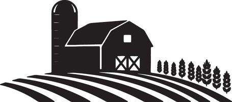 Serene Black and White Illustration of a Rustic Farmhouse, Barn, and Rolling Fields Under a Peaceful Sky vector