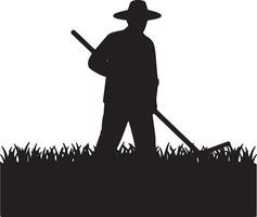 Serene Silhouette of a Farmer Raking Grass in a Peaceful Field at Sunset - Professional digital artwork with vibrant colors and detailed composition vector