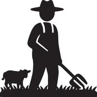 Serene Silhouette of a Farmer Tending to His Lamb in a Pastoral Field at Sunset vector