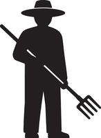 Silhouetted Farmer Holding Pitchfork in Field, Rustic and Mysterious Black and White Illustration - Professional digital artwork with vibrant colors and detailed composition vector