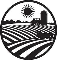 Serene Sunny Day on the Farm Tractor Working Rows of Crops in Idyllic Rural Landscape vector