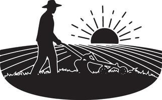 Serene Sunset Silhouette of Farmer Plowing Field, Idyllic Rural Agricultural Scene - Professional digital artwork with vibrant colors and detailed composition vector