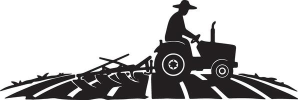 Serene Black and White Silhouette of a Farmer Plowing a Field with his Tractor at Sunset vector