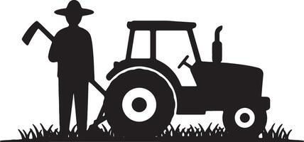 Serene Silhouette of a Farmer with his Tractor in a Lush Green Field, Peaceful Countryside Mood vector