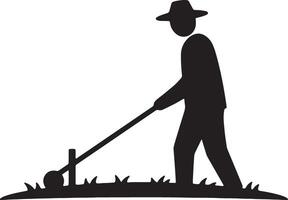 Silhouetted Farmer Calmly Operating a Manual Lawn Edger in a Serene Grassy Field - Professional digital artwork with vibrant colors and detailed composition vector