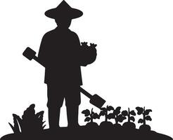 Serene Silhouette of a Farmer Tending to his Crops in a Peaceful Garden Setting at Sunset vector