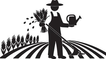 Serene Farmer Cultivating Wheat Field Peaceful Black and White Illustration of Agricultural Labor - Professional digital artwork with vibrant colors and detailed composition vector