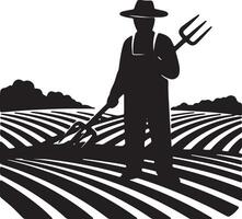 Silhouetted Farmer Cultivating Serene Rows of Crops in a Peaceful Rural Landscape - Professional digital artwork with vibrant colors and detailed composition vector